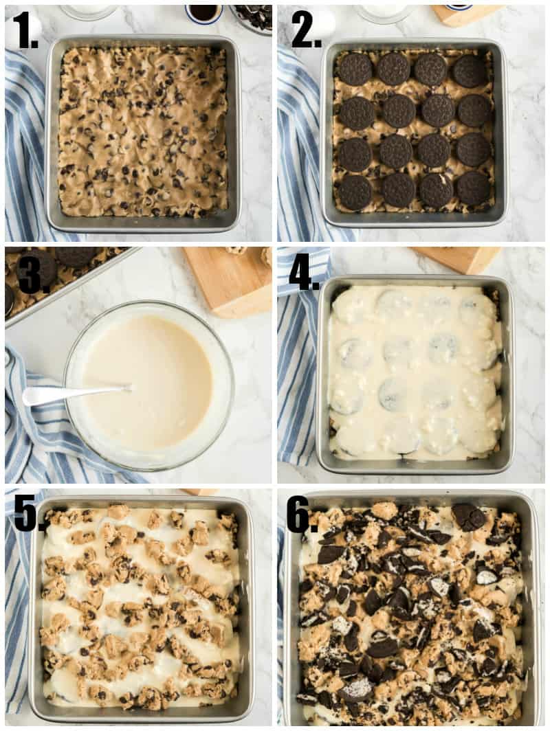 Step by step photos on how to make Oreo Chocolate Chip Cheesecake Bars