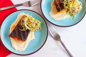 Grilling is a summer staple activity. Cooking this easy grilled salmon dish is simple and delicious, especially with a silky smooth corn puree and a crisp, but light, fennel salad.