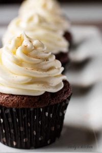 Lightly spiced double chocolate cupcakes combine peppery cayenne seasoning with rich dark chocolate and decadent white chocolate buttercream frosting.