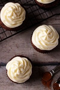 Lightly spiced double chocolate cupcakes combine peppery cayenne seasoning with rich dark chocolate and decadent white chocolate buttercream frosting.