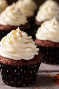 Lightly spiced double chocolate cupcakes combine peppery cayenne seasoning with rich dark chocolate and decadent white chocolate buttercream frosting.