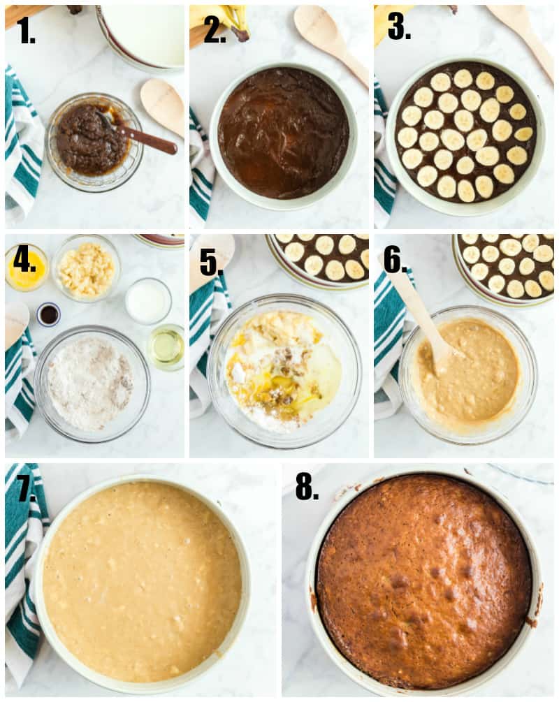 In process photos on how to make banana upside down cake