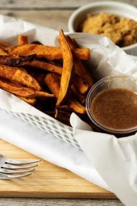 The next time you want a savory and sweet side dish, then try these sweet potato fries with cinnamon, heavy cream, and brown sugar dipping sauce.