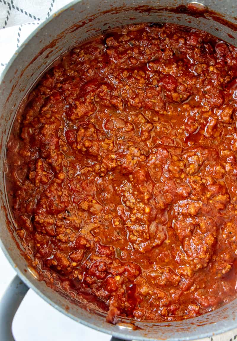 Overhead photo of spaghetti sauce cooked down in pot
