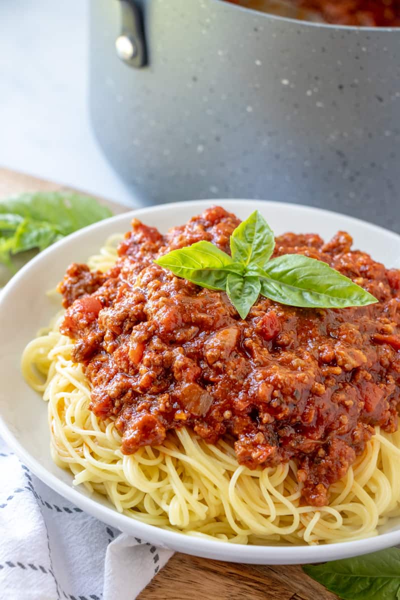 Spaghetti plated with homemade spaghetti sauce topped with basil leaves