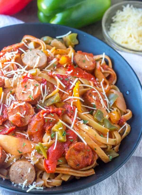 Saucy Sausage and Pepper Pasta, sausage and pepper, sausage pasta, chicken sausage