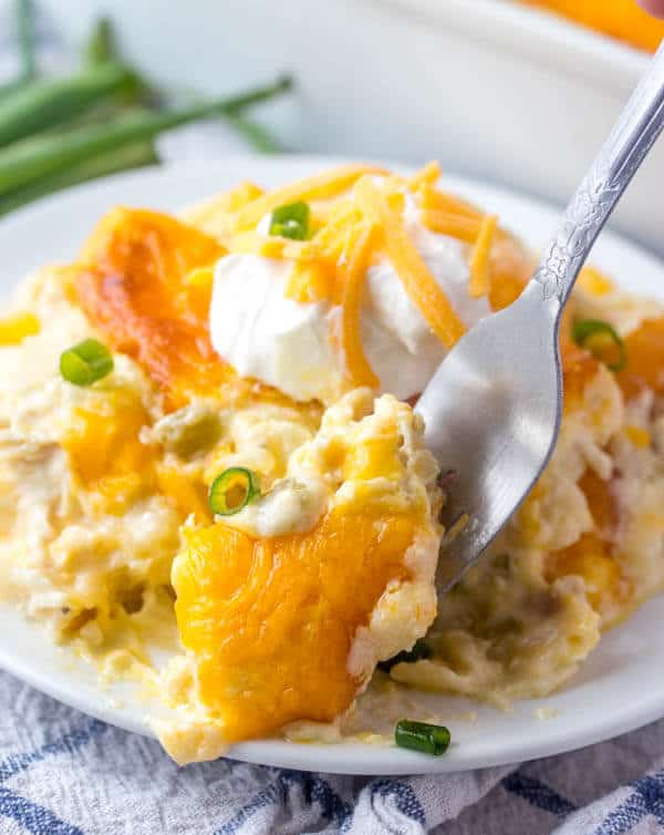 chicken tortilla casserole on fork