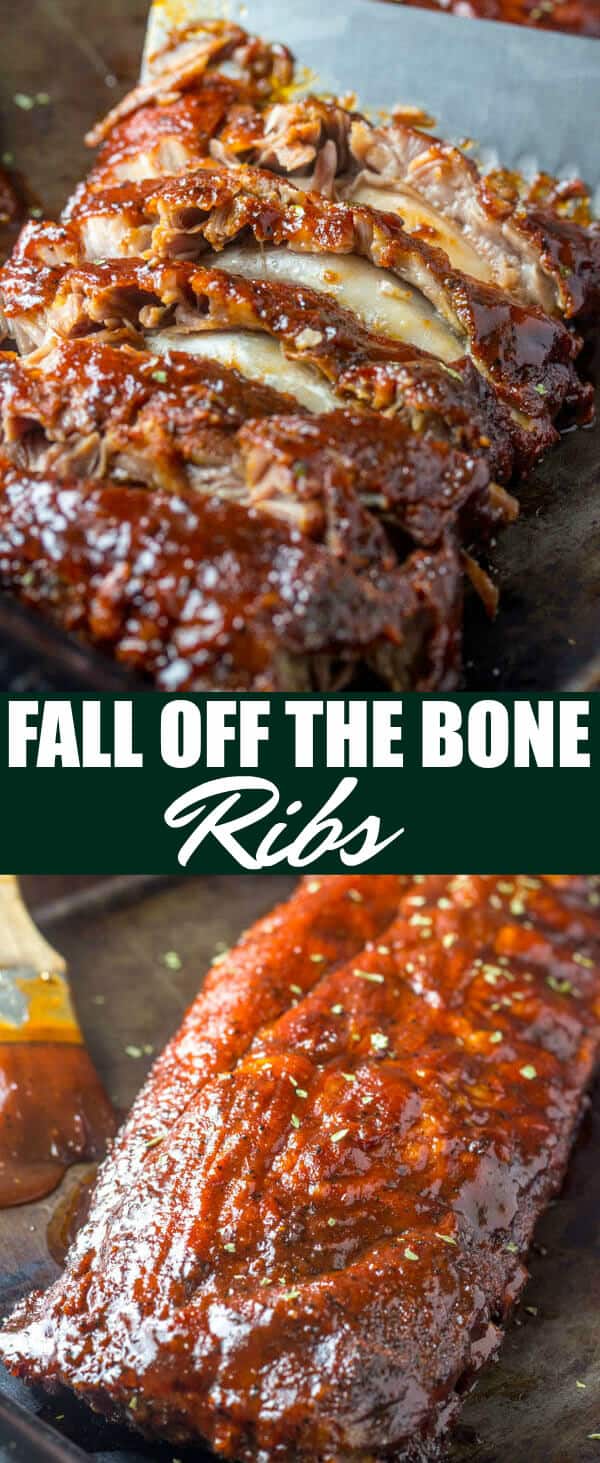 These Fall Off The Bone Ribs are a simple recipe that is baked low and slow in the oven creating a tender, juicy and flavorful bbq dinner. #ribs #oven #BBQ #baked #pork #falloffthebone #dinner #easy #barbeque