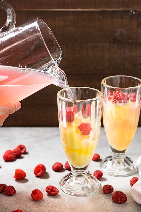 lemonade floats with raspberry lemonade and lemon sorbet