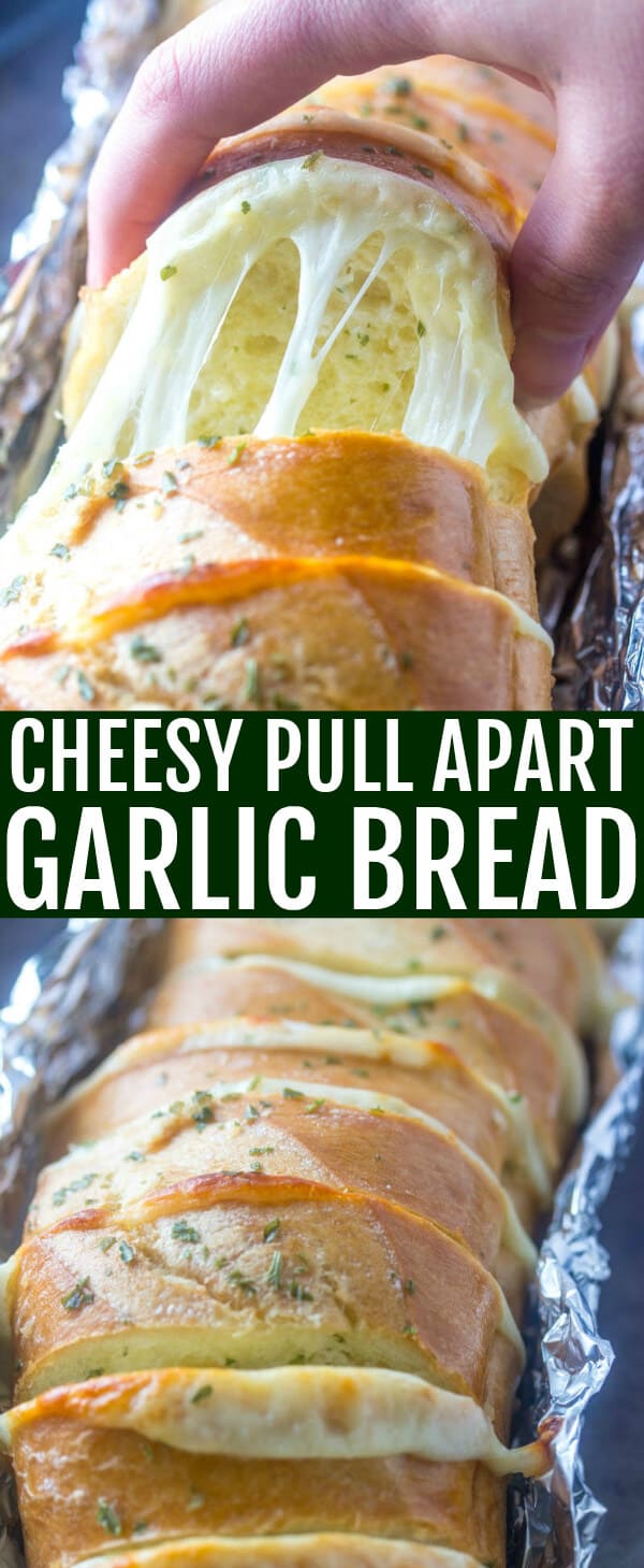 Love ooey, gooey goodness? This Cheesy Pull Apart Garlic Bread is a fast, family-friendly recipe that is filled with cheese, butter and garlic! #bread #garlicbread #sidedish #cheese #cheesy #garlic #easyrecipe