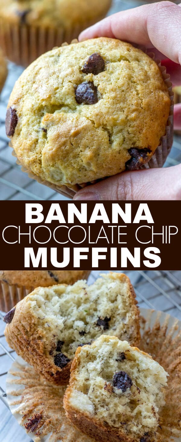 These Easy Banana Chocolate Chip Muffins are the best, easy, moist and flavorful breakfast treats that feed the whole family! Fun for everyone and are kid-friendly! #chocolatechip #breakfast #muffins #banana #baking
