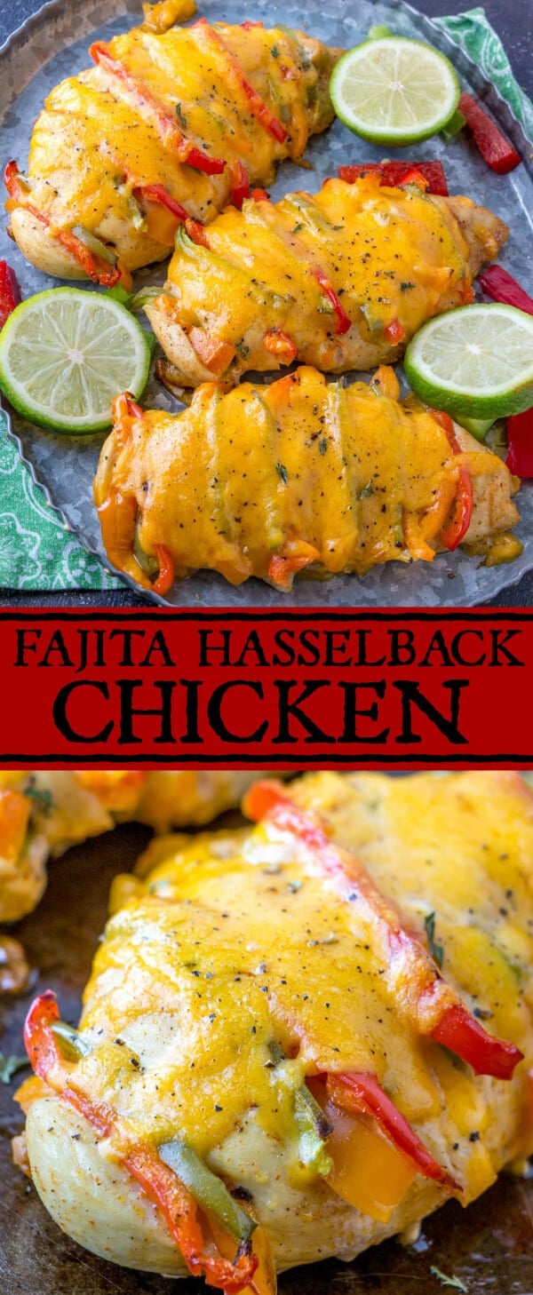 This Fajita Hasselback Chicken takes all the favorite flavors of your traditional chicken fajitas and combines them into one delicious, filing and flavorful dish! #chicken #fajita #mexican #delicous #recipe #food #tacotuesday