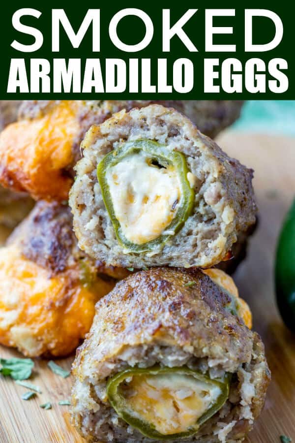Smokey, spicy and cheesy these Smoked Armadillo Eggs are a fun and easy appetizer that are cooked low and slow in your smoker or you can bake them up in the oven for an even quicker appetizer! #appetizer #sausage #jalapeno #cheese #partyfood 