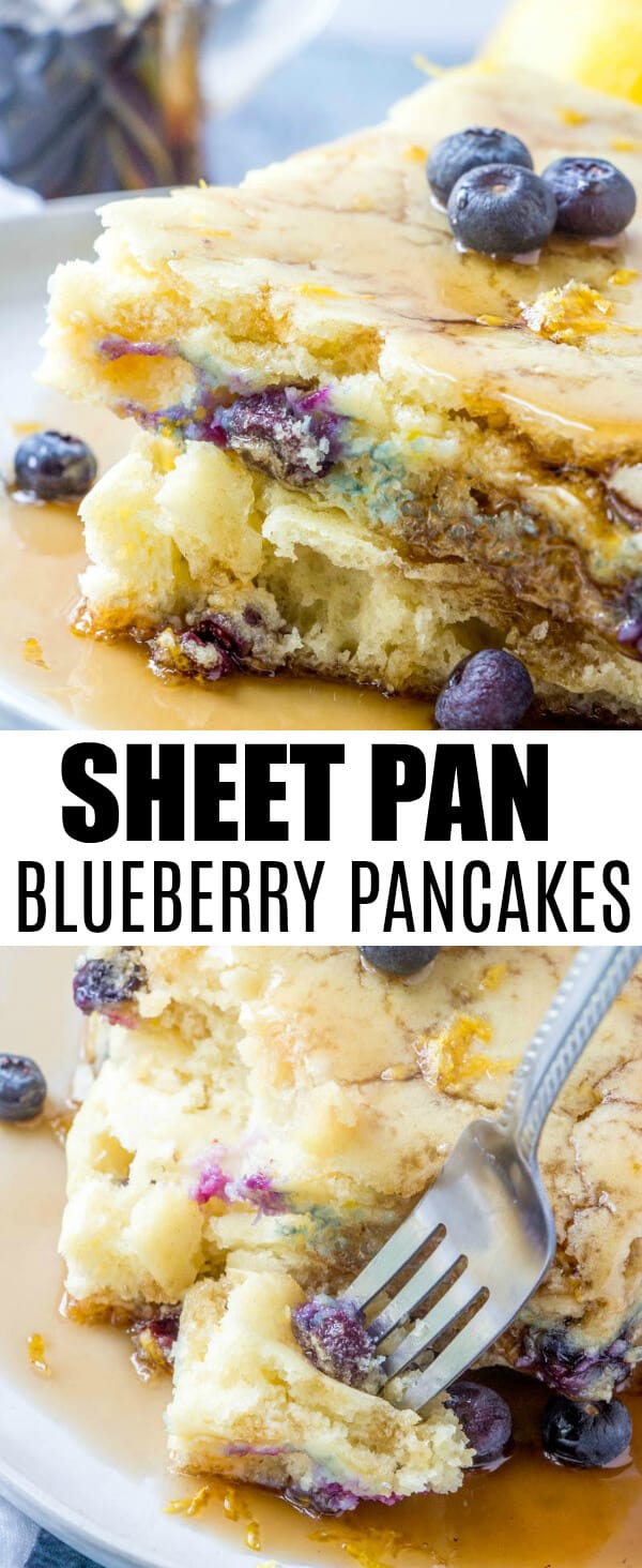 Want a delicious and fluffy yet fruity breakfast with less hassle? These Sheet Pan Blueberry Pancakes are a quick and easy solution to all your morning needs. #pancakes #breakfast #blueberry #morning #foodie #kidfriendly #easyrecipe