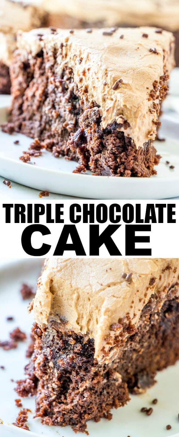 Easy, moist, rich and dense this Triple Chocolate Cake has 3 layers of chocolate flavors that will make your mouth water with each and every bite. #baked #chocolate #cake #chocolatecake #baking #dessert #milkchocolate #buttercream