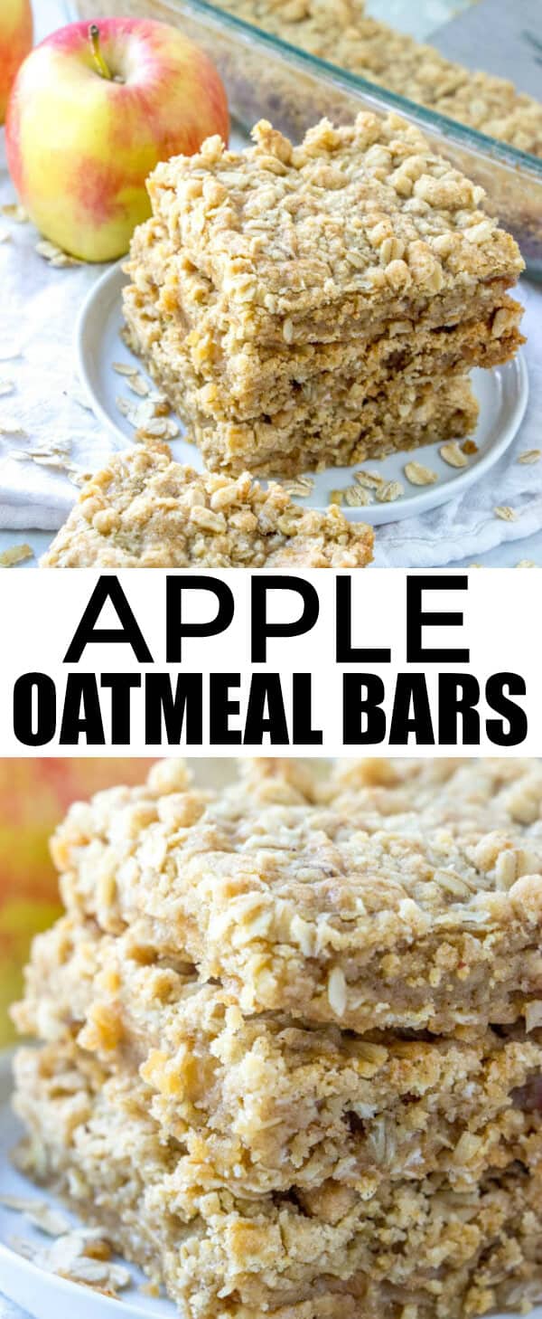 If you love apple crisp you'll adore these Apple Oatmeal Bars! Full of oats, cinnamon and apples these bars a quick, easy and full of flavor! #apples #fallbaking #oatmeal #bars #dessert #oats #applecrisp