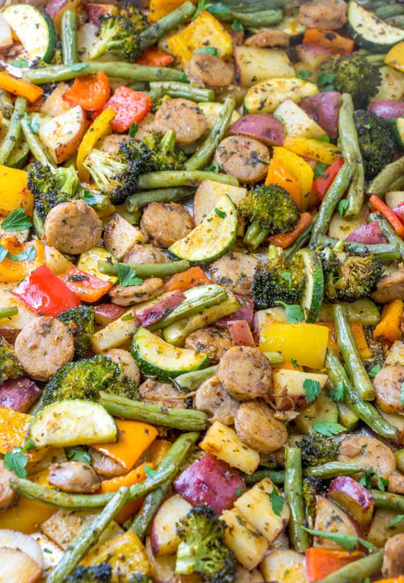 Veggie Sausage Sheet Pan Dinner with Pesto Cream