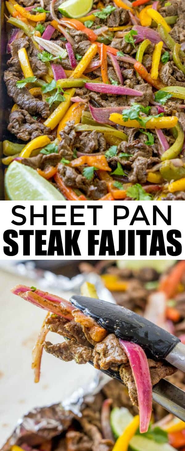 Want an easy and flavorful dinner with quick clean up? These Sheet Pan Steak Fajitas are a perfect dish to feed a crowd and satisfy that Mexican craving! #steak #beef #mexican #fajitas #peppers #sheetpan #dinnertime #easymeal #cilantro #taco