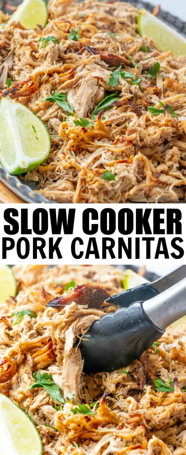Spicy, tangy and delicious these Slow Cooker Pork Carnitas are a fix it and forget it recipe that feeds a crowd has a little heat and is completely addicting. #slowcooker #crockpot #pork #mexican #maindish #tacos