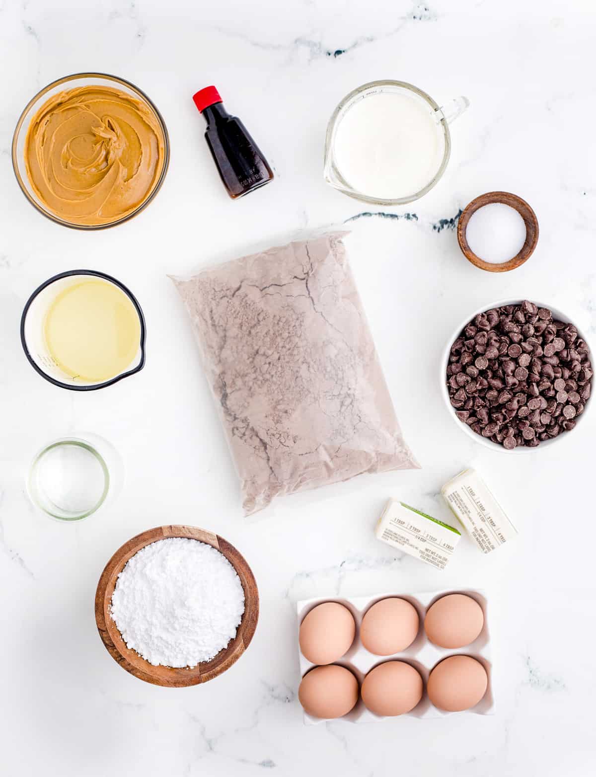 Ingredients needed to make the Ultimate Peanut Butter Brownies.