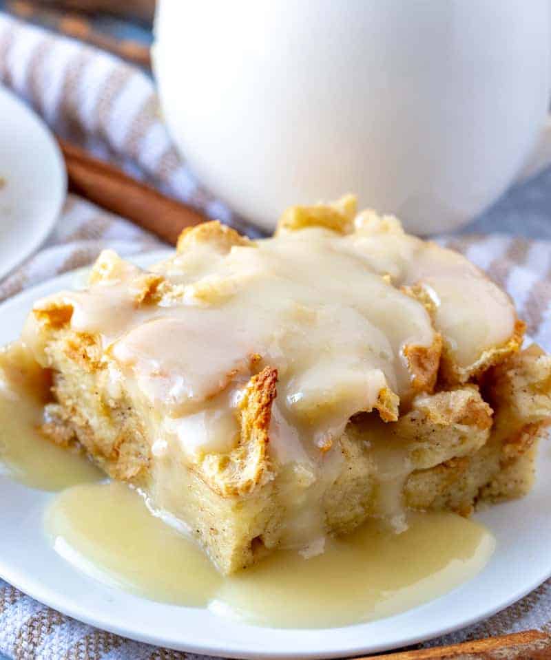 Bread pudding with sauce on plate