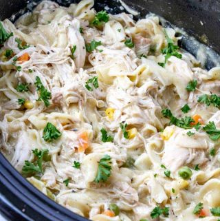 Finished Chicken and Noodles in Crockpot topped with Chopped parsley