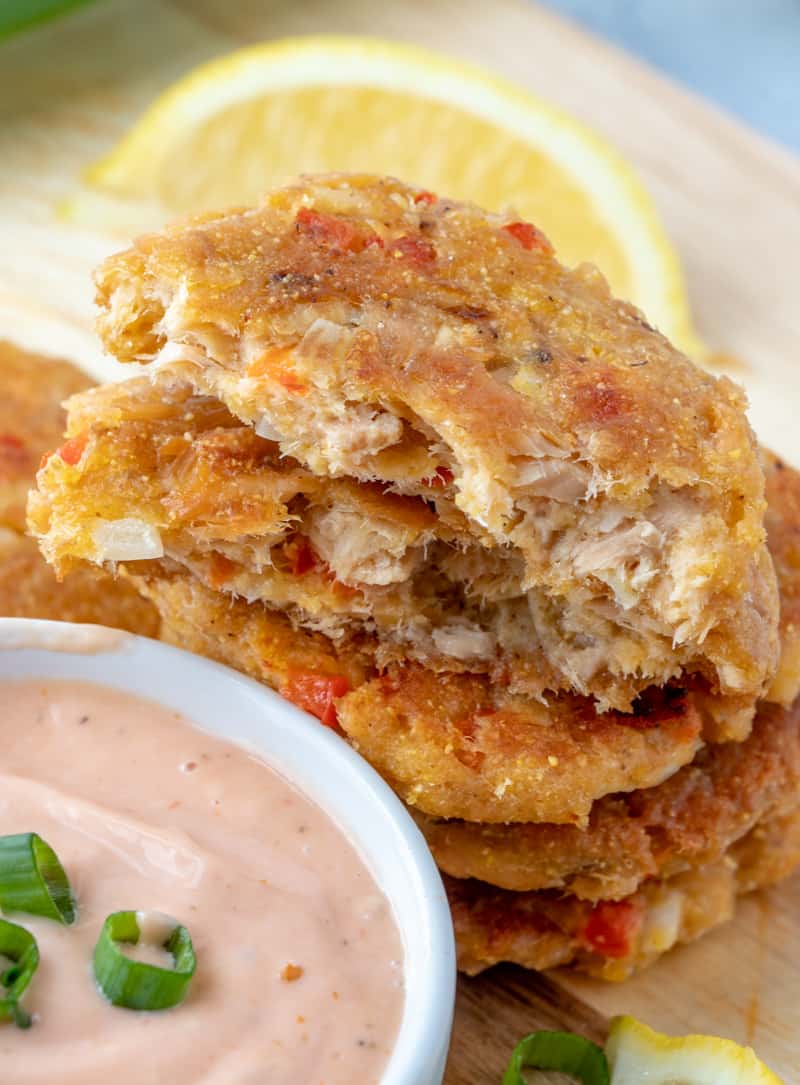 Salmon Patties sliced in half