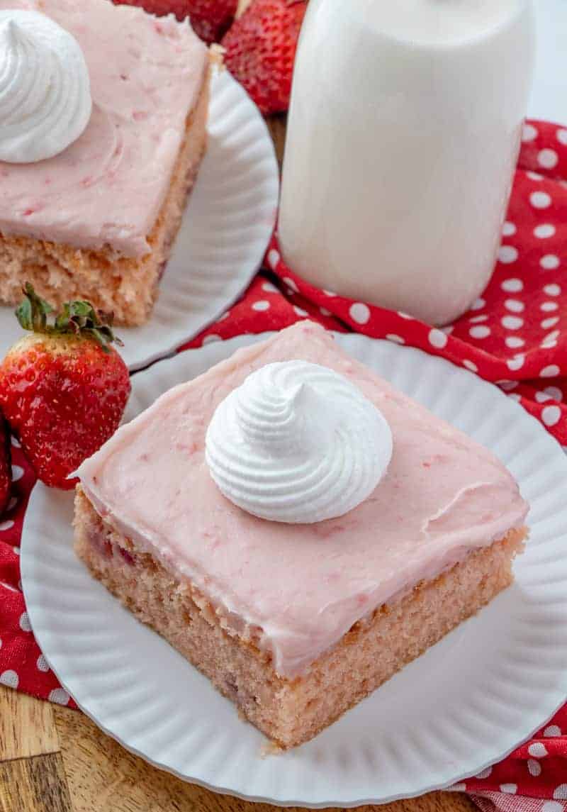 Strawberry Cake on plates with strawberries and milk in background