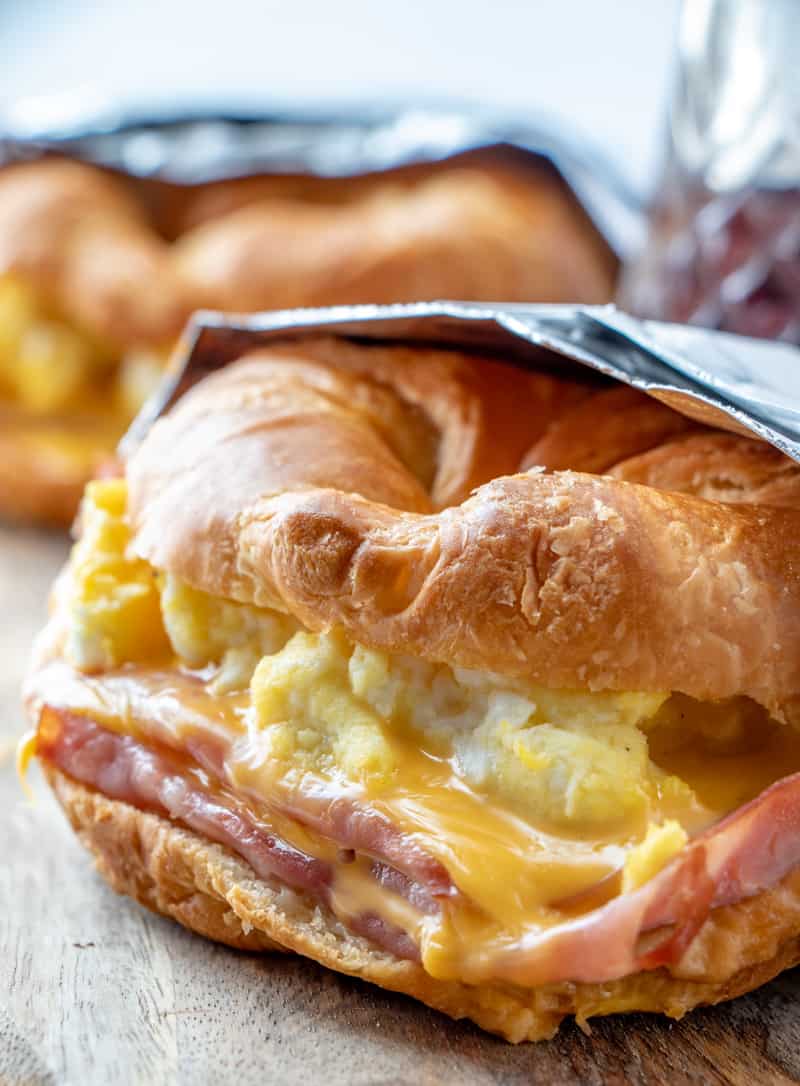 Easy Croissant Breakfast Sandwiches close up in tinfoil