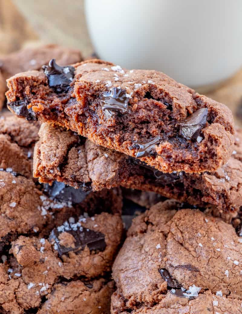 Nutella cookies split in half with melted chocolate chunks