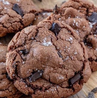 Close up of cookie showing chocolate chunks and sea salt