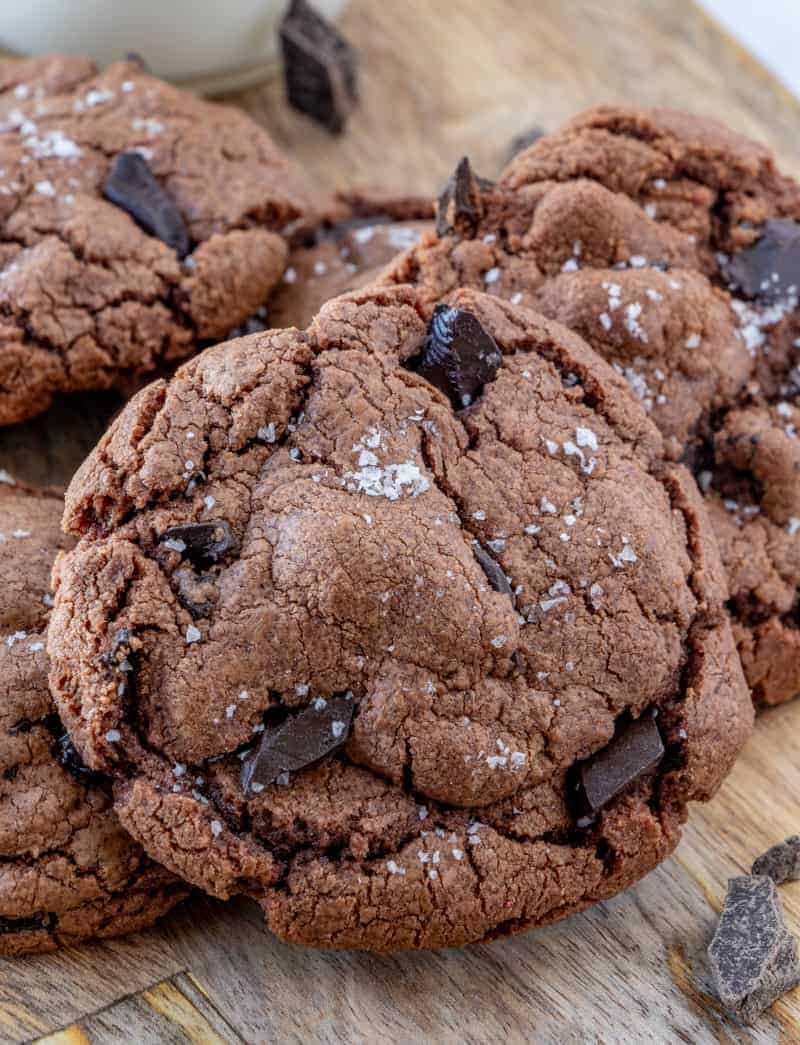 Nutella Cookies up close with salt in pie on board