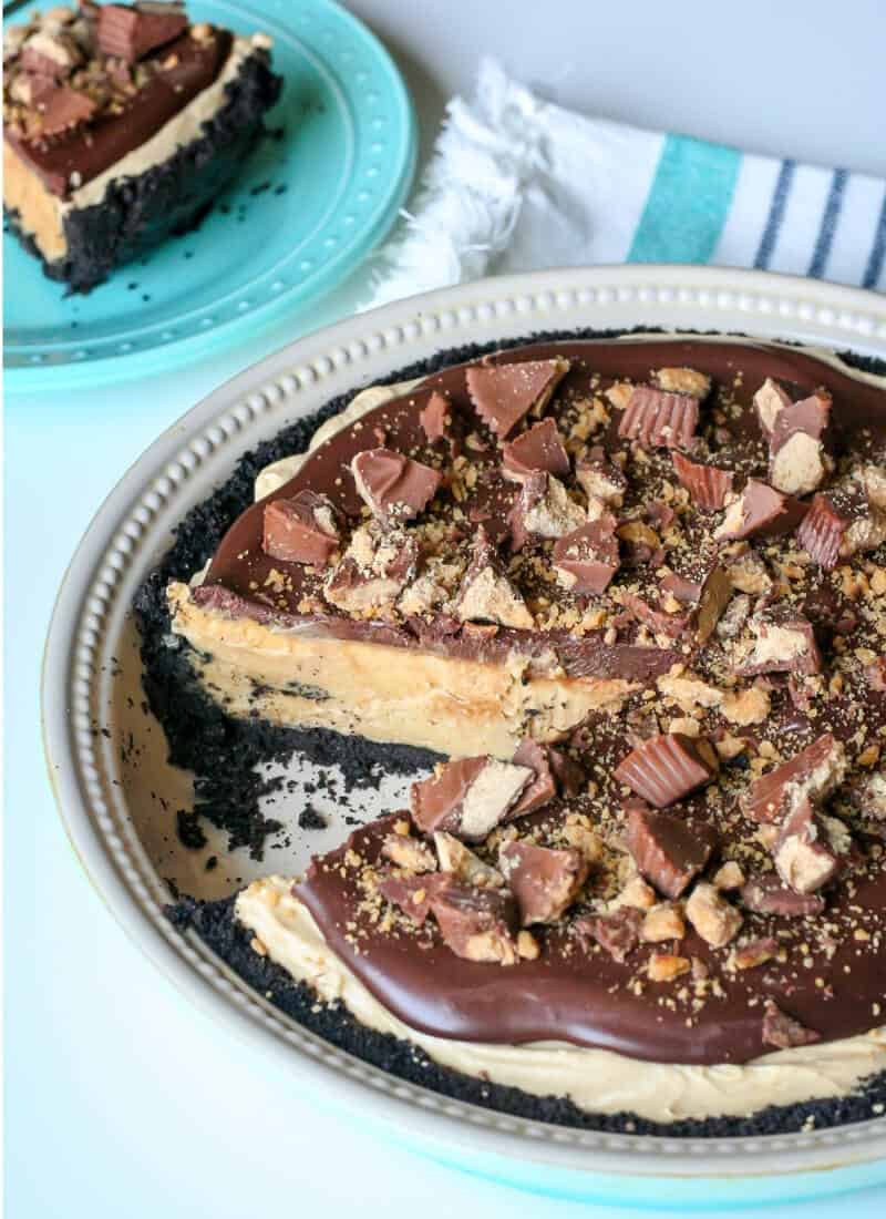 peanut butter pie in pan with slice taken out