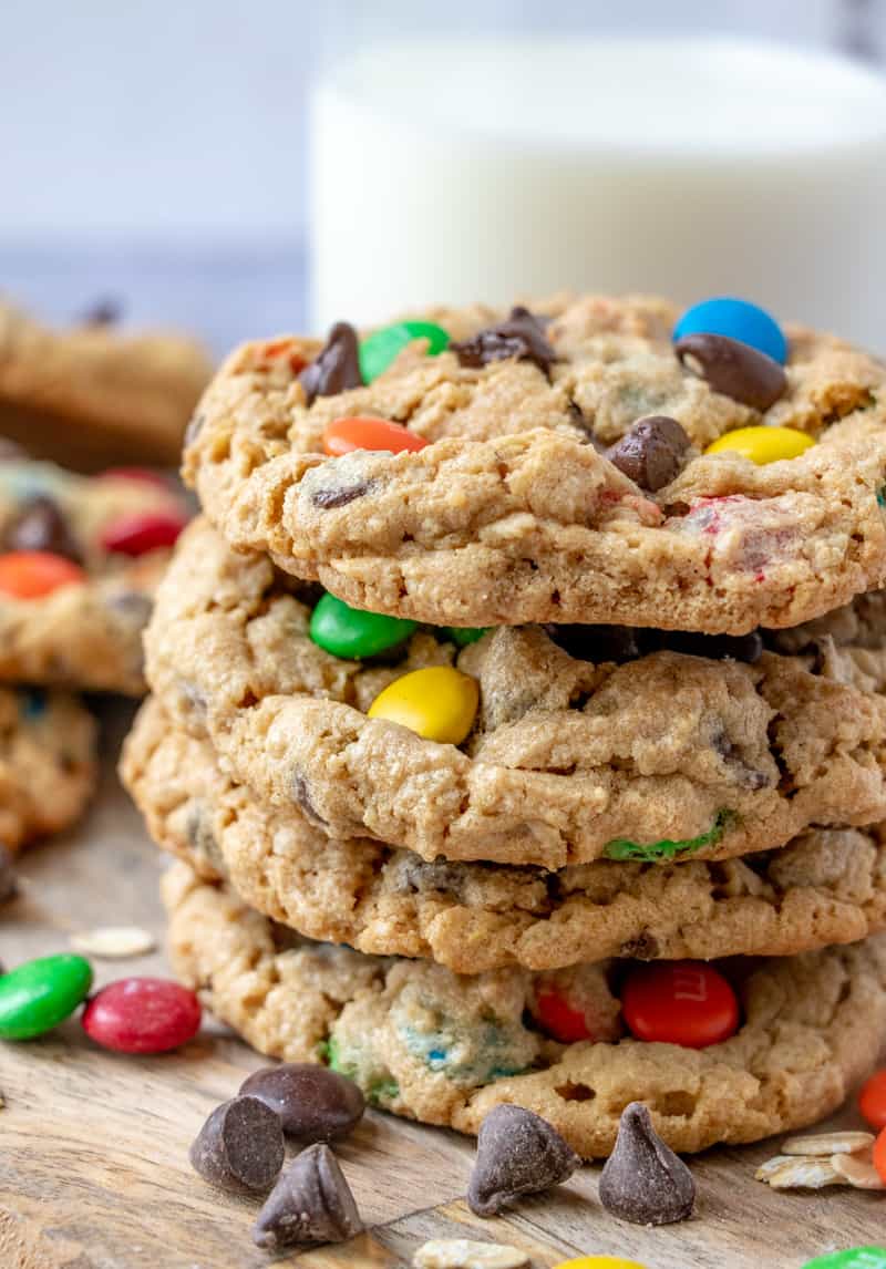  Monster Cookies stacked on top of one another