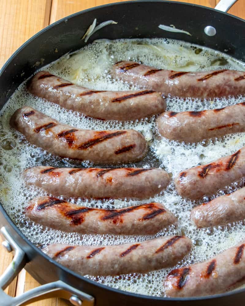 grill brats sitting in beer not reduced before cooking