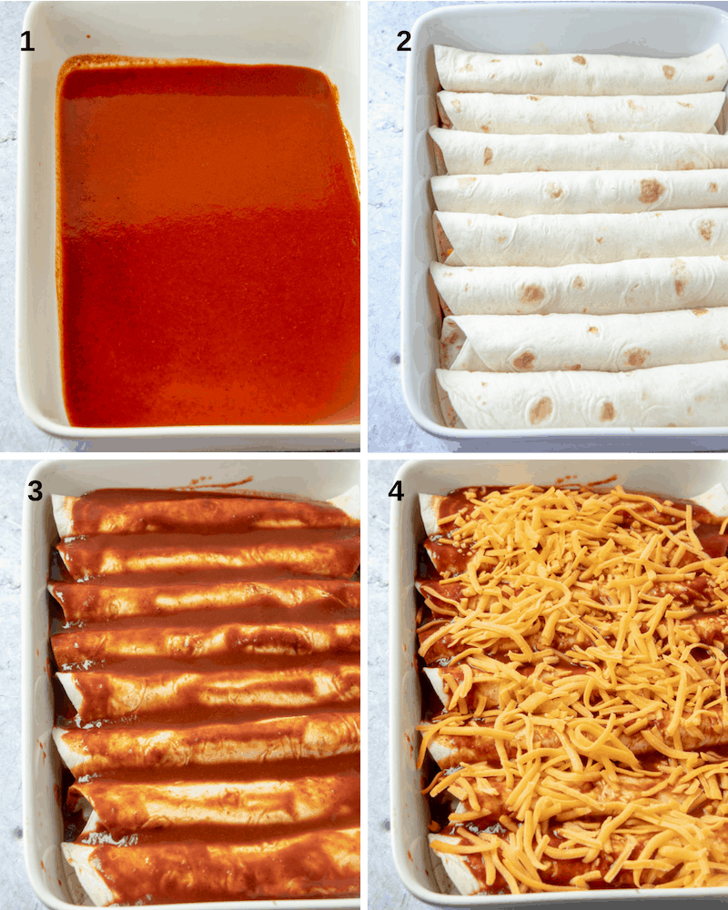 In process photos on how to make ground beef enchiladas, sauce, enchiladas, sauce and cheese