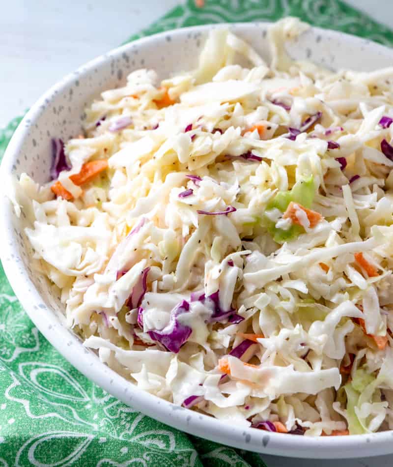 coleslaw in bowl, tri color coleslaw with sauce