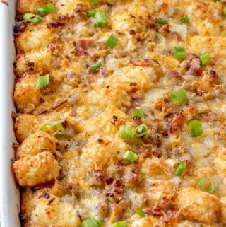 Finished Tater Tot Breakfast Casserole in baking dish