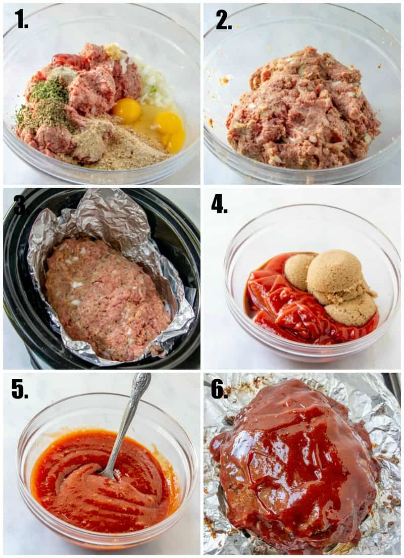 In process photos on how to make slow cooker meatloaf
