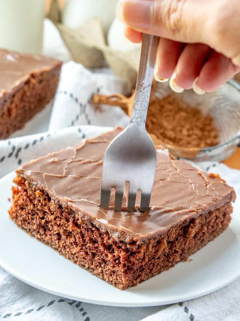 Fork in slice of Texas sheet cake