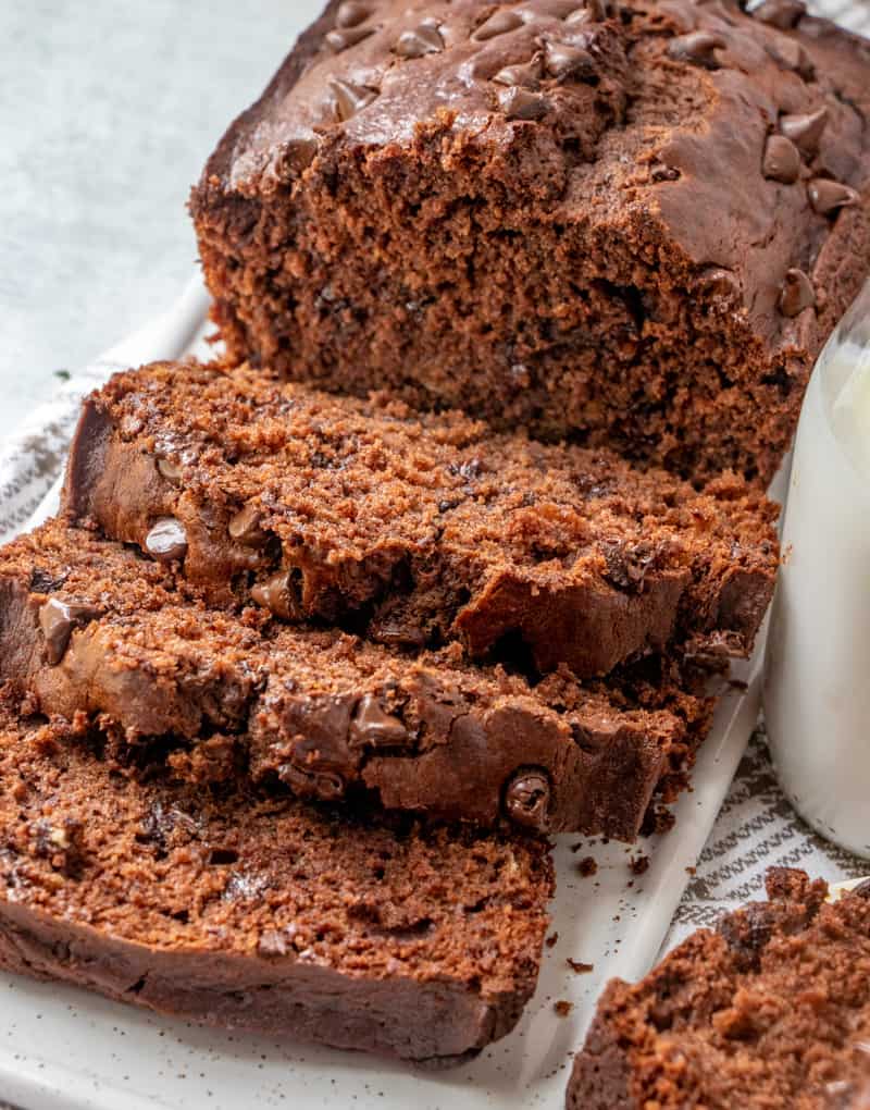 Sliced Chocolate Banana Bread showing chocolate chips in each slice and milk string beside bread