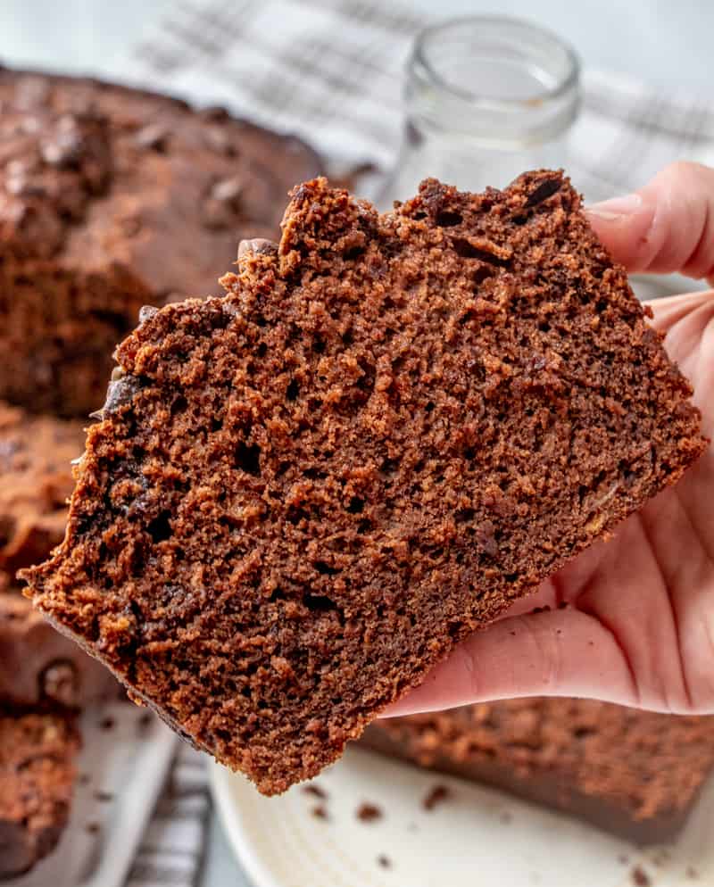 Hand holding single slice of banana bread