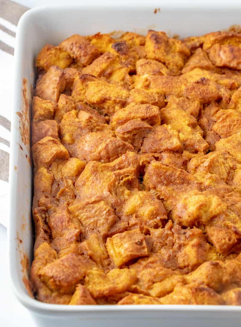 Pan of baked Pumpkin Bread Pudding right out of the oven