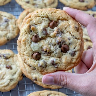 Hand holding a baked Chocolate Chip Cookie