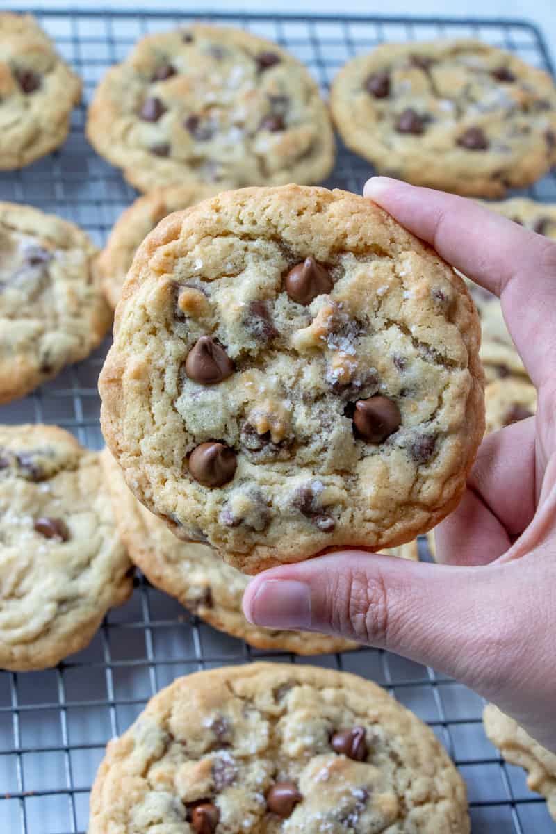 hand holding cookie showing melted chocolate chips and flaked sea salt
