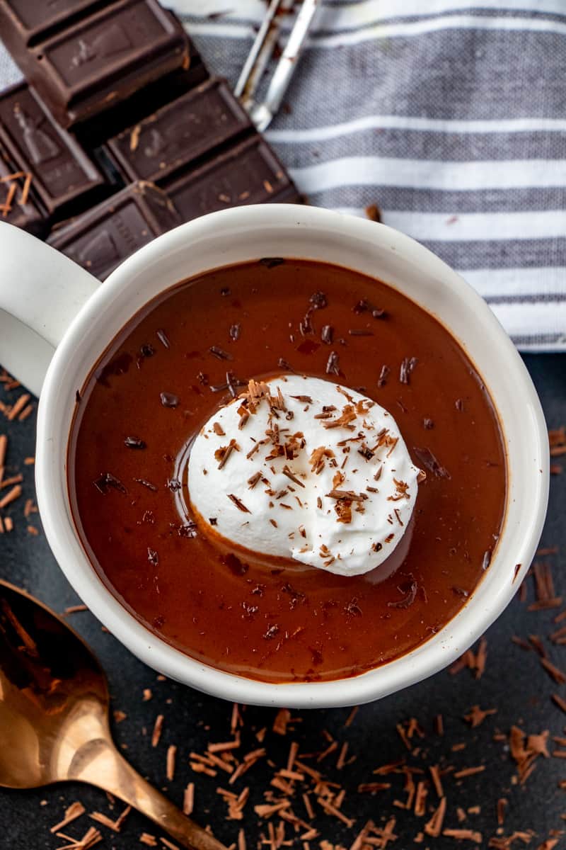 Overheat photo of Cioccolata Calda in white mug with chocolate bars and chocolate shavings surrounding mug