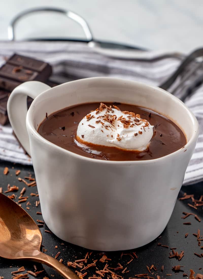 Thick Italian Hot Chocolate in mug dolloped with whipped cream and chocolate shavings