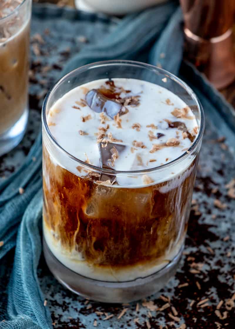 Overhead photo of White Russian Recipe in glass with cream on top