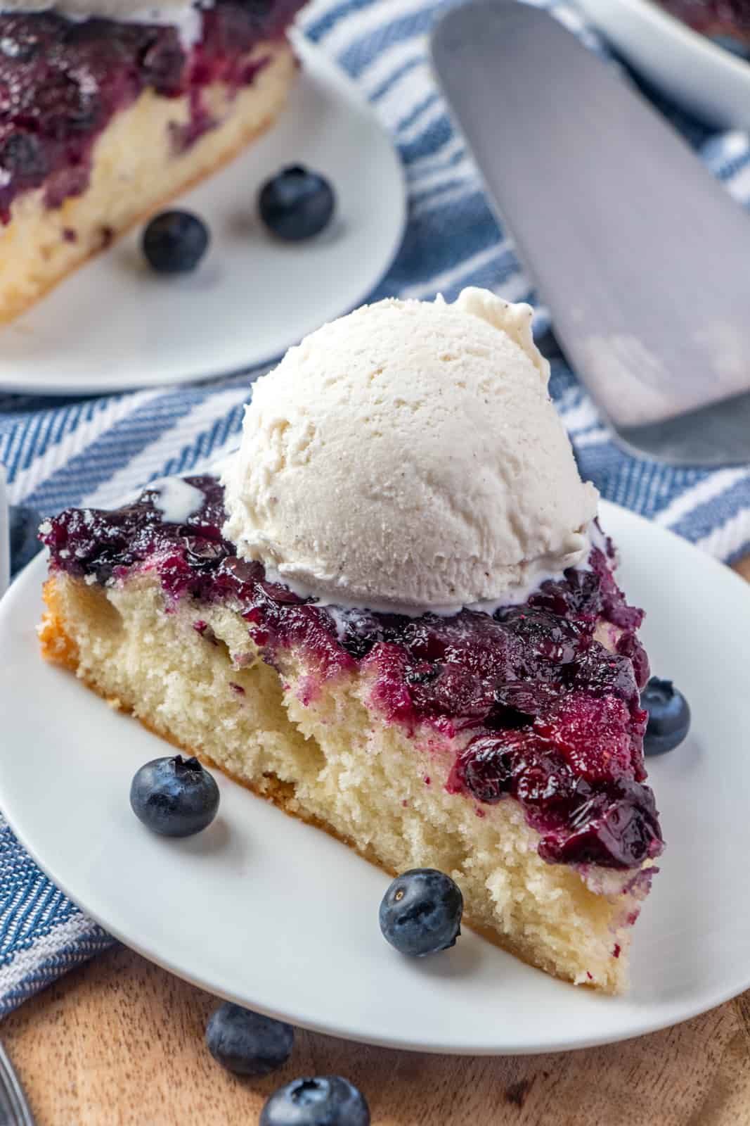 Close up of cake on plate with ice cream melting and blueberries on plate