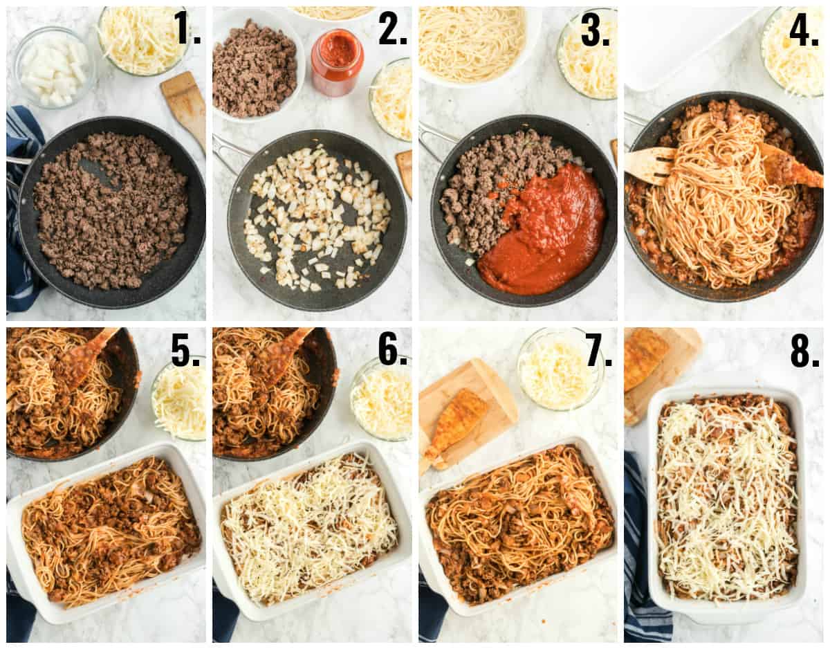 Step by step photos on how to make spaghetti casserole